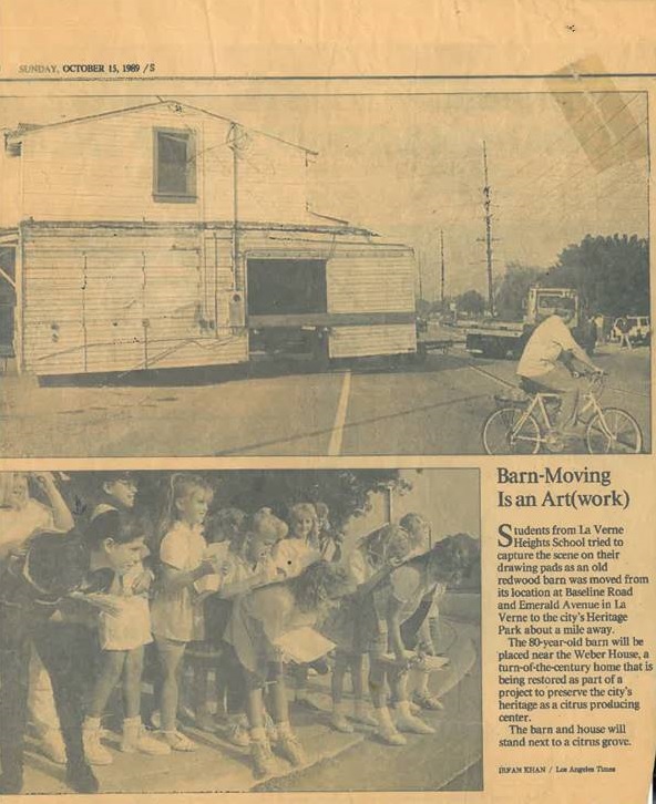 Old newpaper artcile of barn moving to LVH - pictures of barn with a person on a bike and students looking fromt the side